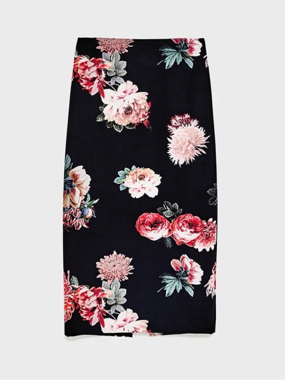 Zara Black Pencil Skirt with Pink and Red Floral Pattern